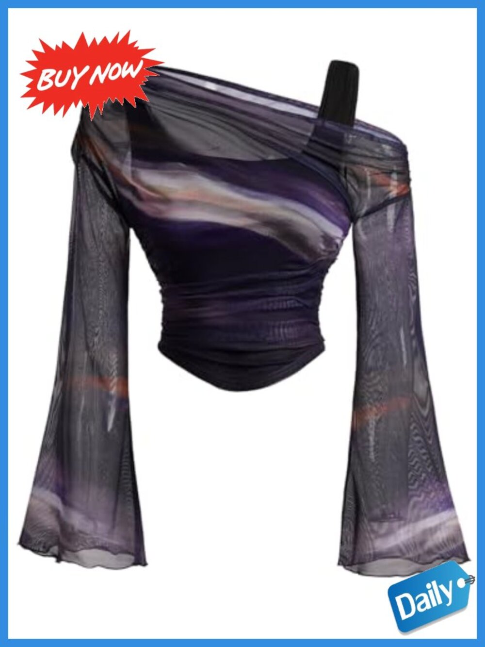 Y2K Off Shoulder Mesh Top Bell Sleeve Ruched Asymmetrical Hem Slim Fit